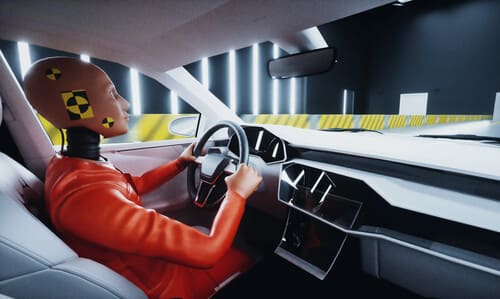 A 3D render of a crash test dummy in a car about to perform an airbag test.