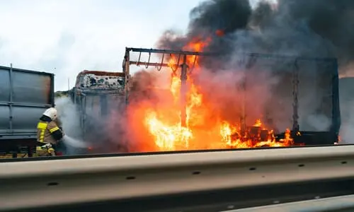 A firefighter putting out the burning remains of a truck after a multi vehicle accident on a highway.